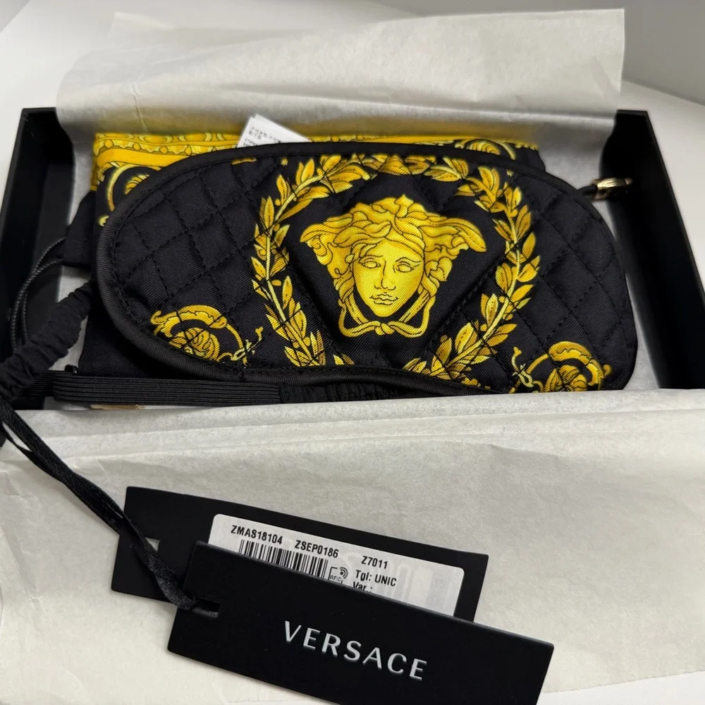 Versace Silk Black and Gold Sleep Mask and Matching Pouch Set